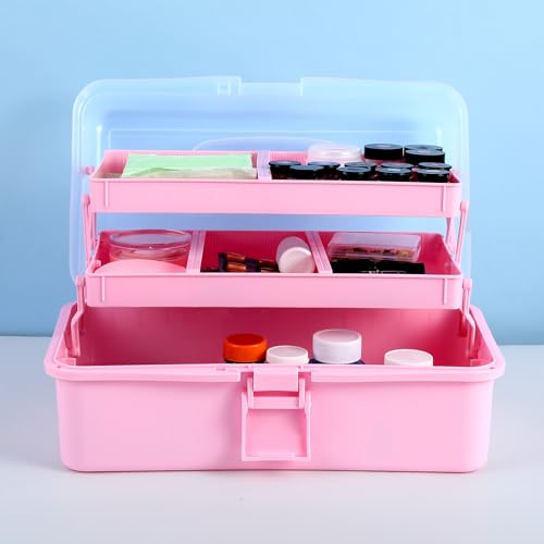 Image of Molain 3-Layer Multipurpose Storage Box, 13Inches Folding Tool Box, Medicine Box Family First Aid Box with 2 Trays, Art & Crafts Case Sewing Supplies Organizer for Art Craft and Cosmetic(Pink)