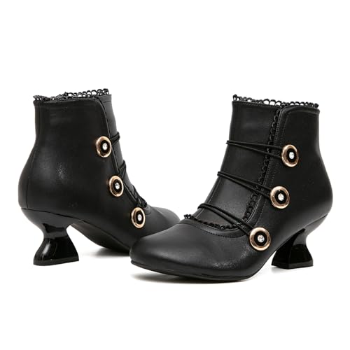 getmorebeauty Women's Ankle Boots Low Heels Lace Buttons Round Toe Side Zipper Vintage Short Boots Autumn Winter2