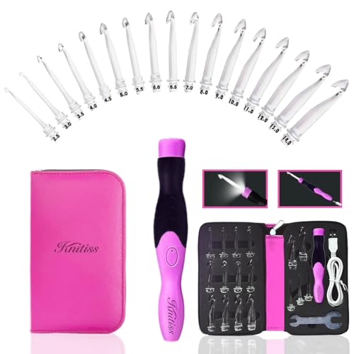 Knitiss 17 Sizes Lighted Crochet Hooks Set 2.5 mm to 14.0 mm Rechargeable Light Up Crochet Hooks with Case
