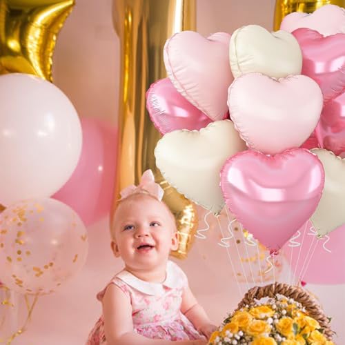 Image of Pink Heart Balloons,18inch Bright Pink Heart Shaped Foil Balloons & Pastel White Helium Mylar Balloon for Anniversary Wedding Engagement Birthday Party Baby Shower Decorations(12Pcs)