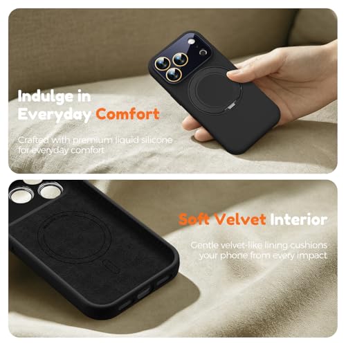 Image of Silicone 360 Spin Magnetic Stand Case for iPhone 17 Pro, [Compatible with Mag-Safe][Reinforced Hard Camera Protection] Liquid Silicone Rubber Phone Case Cover with Ring, Camera Button, Jet Black