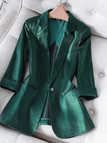 Satin Office Lady Loose Blazer Jacket Women Autumn Three Quarter Sleeves Solid Casual Female Suit Coat2