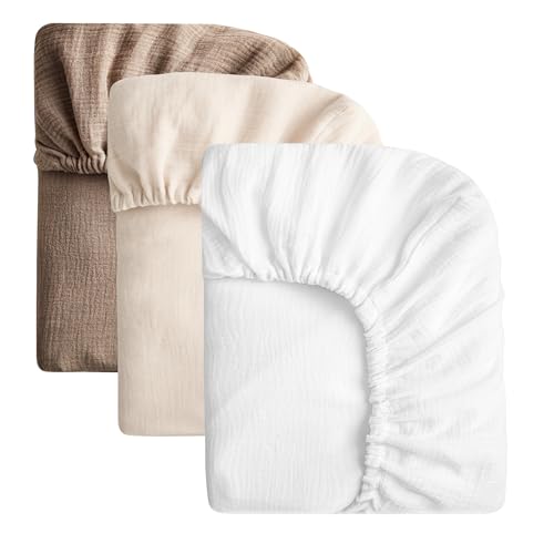 Image of SOULFUL Muslin Crib Sheets for Boys Girls, 3 Pack Soft and Breathable Cotton Fitted Crib Sheets for Standard Crib Mattress (28"x 52", White & Beige & Brown)
