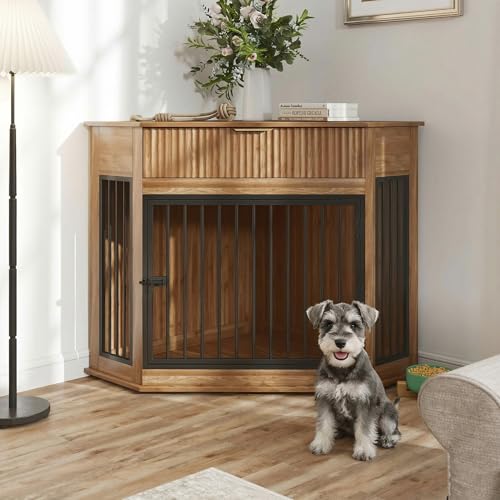 Xylavate Corner Dog Crate Furniture with Fluted Storage Drawer 44.6 Wooden Dog Kennel End Table for TV Stand Furniture Style Corner Space-Saving Dog Cage for Small Medium Dog Walnut
