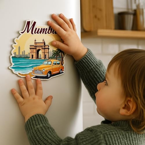 Image of Naxon Mumbai Theme Souvenir Wooden Fridge Magnet - 3x3 Inch Stylish Refrigerator Magnet for Kitchen & Home Decor | Travel Souvenir Gift with Charminar Design | Pack of 1