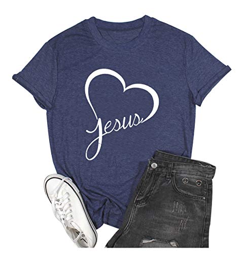 Jesus Letter Printed T Shirt Women Love Jesus Christian Graphic T-Shirt Tees Top (XX-Large, Navy1)