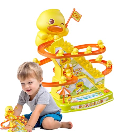 Small Duck Climbing Toy – 27.5x23x14.5cm ABS Build Flashing Lights Music Roller Coaster Design Interactive Playset | Kids Hand-Eye Coordination Development Parent-Child Activity Fun Entertainment