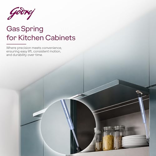 Image of Godrej Kitchen Fittings | Regular Hydraulic Gas Spring | 200N | for Kitchen Cabinets | High-Strength Steel with Chrome Plating | Multi-Angle Install | Hands-Free Door Support | Metal Clips (1 Pair)