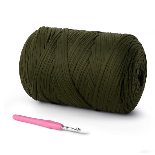 Image of (800g /228yds) T Shirt Yarn, Soft Tshirt Yarn for Crafts and DIY Knitting Crocheting Cloth /Bag /Basket /Coaster, 100% Polyeste Elastic Fabric Chunky Thick Yarns for Crocheting(Olive Color)