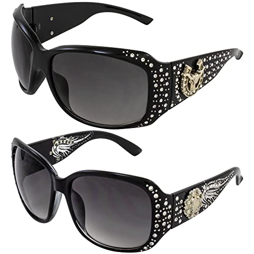 Rodeo Queen 2 Pairs of Studded Horseshoe Sunglasses for Women Fashionable Black Frame w/Metal Accent Piece Bling Rhinestones & Smoke Gradient Lenses