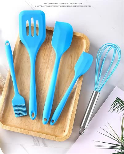 Image of Oren Empower Set of 5 Pcs Silicone Spatula & Kitchen Utensil with Hook Design for Cooking, Baking & Mixing /Non-Stick BPA Free /Heat Resistant Item, Flexible Non Toxic Silicon Cookware Tools - Blue