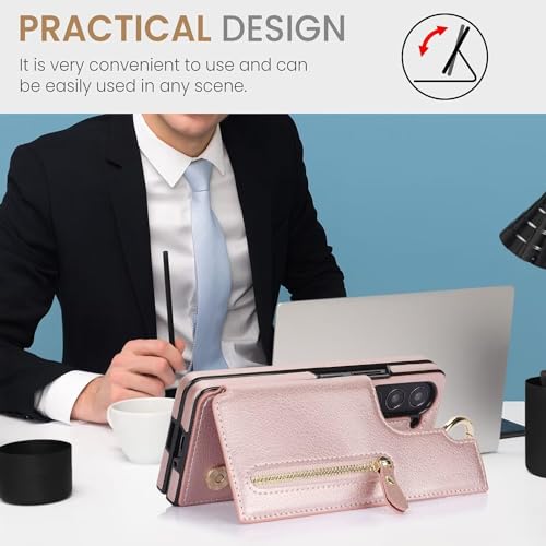 Coque Samsung Galaxy Z Fold 5 en cuir chic rose gold avec porte-carte élégant - 5