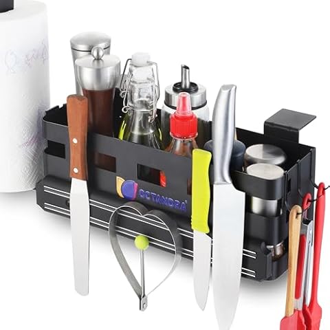 OCTANDRA Griddle Caddy for 17" 22" 28" & 36" Blackstone Grill Prep Cart Organizer for Outdoor Barbecue Skillet BBQ Accessories Storage Box with Magnetic Tool Holder, Paper Towel Holder & 6 J-Hooks Cover