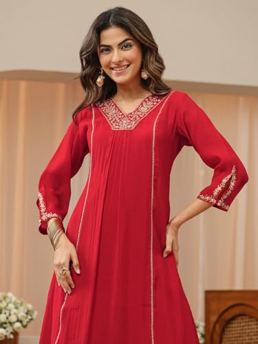 Image of Libas Embellished Silk Blend A Line Kurta With Trouser and Dupatta | ethnic wear | bridal suit | wedding dress | occasion wear