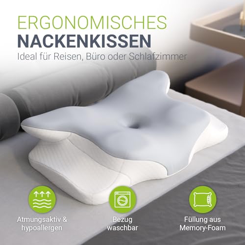 Juskys Ergonomisches Nackenkissen - Memory-Foam, atmungsaktiv Bezug - Kissen für gesunde Schlafpositionen - weiß/grau