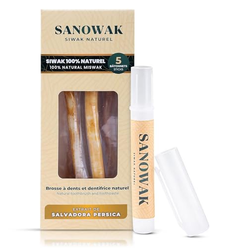 Miswak Stick / 100% Natural Siwak Sticks 5 Organic Wooden Toothbrushes with Plastic Holder | Teeth Whitening & Oral Care | 100% Chewable & Antibacterial | Eco-Friendly & Vacuum Sealed
