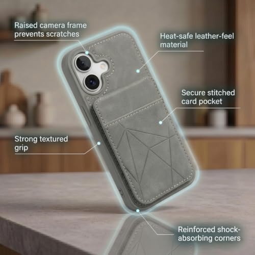 Image of amazon basics Premium Vegan Leather Back Cover with Card Holder and Integrated Mobile Stand for iPhone 16 - Slim Shockproof Wallet Case with Geometric Stitching [Gray]