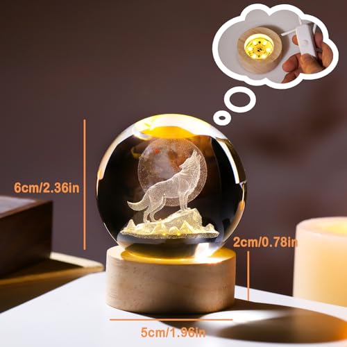 Crystal 3D Wolf 2.36in Ball Figurine Gifts for Men, Collectible Glass Animal Art Sphere for Room with Wooden Light Base Keepsakes for Wolves Lovers Home Decor Paperweight