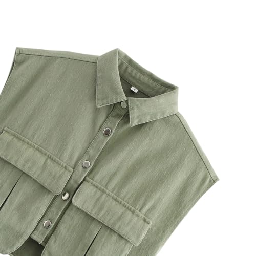Denim Vest Women Button Down Polo Neck Cropped Loose Sleeveless Shirt Top Jean Jacket Coat with Pockets2
