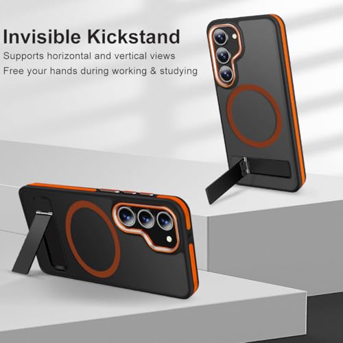 Image of MALEWOLF for Samsung Galaxy S23 Case with Stand, Compatible with Magsafe, Strong Magnetic Phone Case for Galaxy S23, Mil-Grade Protection for Non-Slip Matte Translucent Cover (Black /Orange)