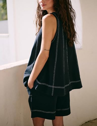 Image of Women 2 Piece Outfits Flowy Sleeveless Tunic Tops Loose Shorts with Pockets Tracksuit Summer Lounge Matching Set 2025