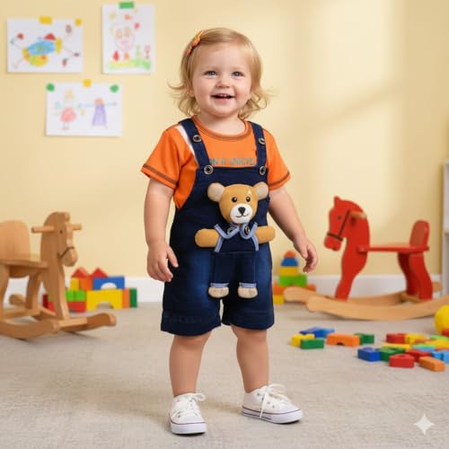 Image of A.T.U.N. (ALL THINGS UBER NICE) Baby Girls Cotton Denim Dungaree Set with 3D Teddy Bear Design |Printed T-Shirt with Adjustable Straps | Stylish & Comfortable Daily Outfit for Baby Unisex