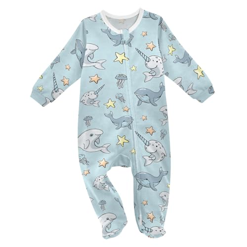 Image of Nnamluu Baby One-Piece Rompers, Newborn To Infant Romper Footies, Whale Narwhal Blue