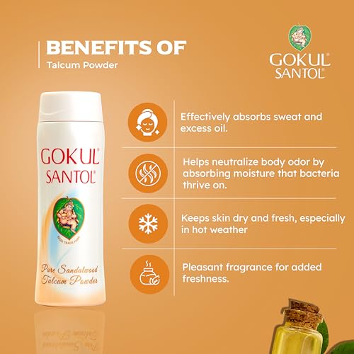 Gokul Santol Pure Sandalwood Talcum Powder | 300g | Long-Lasting Soothing Fragrance | Natural Sweat & Oil Absorption | Refreshing & Healthy Glowing Complexion