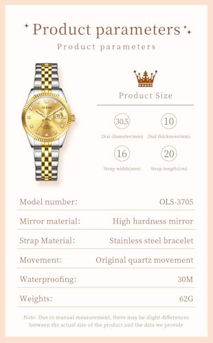 Image of OLEVS Gold Watches for Women Original Luxury Small Square Diamond Wrist Watch Analog Quartz Stainless Steel Waterproof Stylish Ladies Watch Date