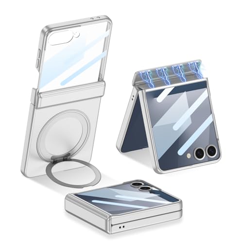 Image of for Samsung Galaxy Z Flip 7 Case with 360 Bracket Ring Holder Magnetic Hinge Protection & Built-in Front Screen Protector, Slim Texture Shockproof Case.(Sliver)