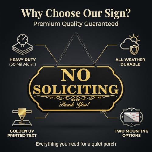 Image of No Soliciting Sign for Front Door, 10 x 5 Inch Aluminum Metal Hanging Door Sign with Chain, UV Printed Weatherproof No Soliciting Door Plaque for Home, Office, Porch, Wall or Fence