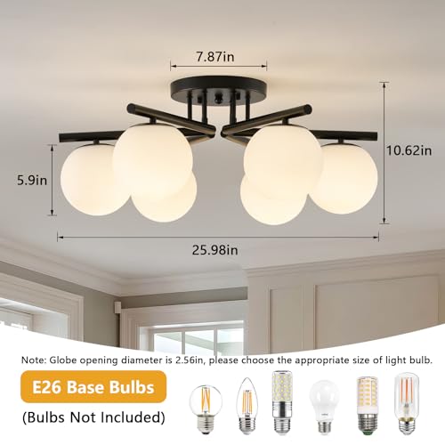 Image of 6-Light Sputnik Ceiling Light Fixture, Semi Flush Mount Ceiling Light with Milk Glass Globes, Black Mid Century Modern Chandelier for Living Room Bedroom Dining Room Hallway