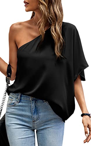 Image of Angashion Women's Summer Tops Casual One Shoulder Short Sleeves Blouses Sleeveless Tie Knot Asymmetrical Hem Tee Shirt
