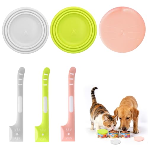 FIHODONE 3 Stück Katzenfutter Löffel Lang, mit 3 Dosendeckel Wiederverwendbare, 16cm Futterlöffel Katze Dosenlöffel Tierfutterlöffel Silikon, Deckel für Dosen für Cat Hund Tiernassfutter Futterdose