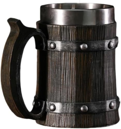 Juxkov レトロ風木製スタイルビールジョッキ 304 ステンレス + 個性的樹脂 マグカップ兼酒器 バー・家庭用 紅茶・飲料対応 クリスマスギフト・パーティーデコレーション向き