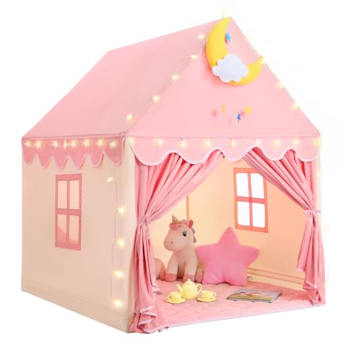GeeSound Kids Tent for Grils Indoor: with Mat, Star Lights - Pink Play Tents for Kids Indoor Playhouse - Princess Tent for Playroom Gift for Girls Birthday (Pink W/Cloth)