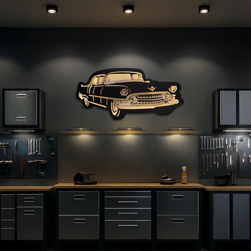 Image of METSY ClassicCar Metal Art backlit Mildsteel | Car Lover Gifts | Metal Car Wall Decor | Metal Wall Art | Wall Hangings for Home Decoration. (Black & Gold (92x44) cm