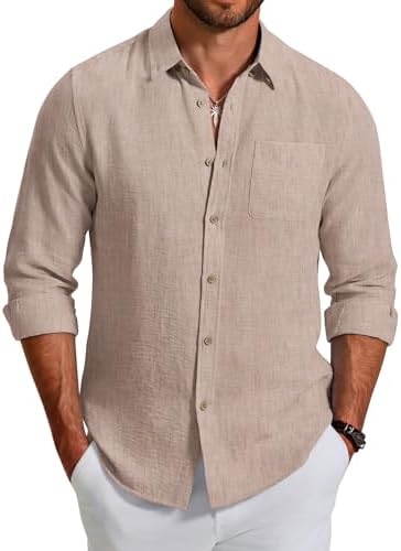COOFANDY Men's Long Sleeve Button Down Shirt Casual Summer Beach Wedding Textured Linen Shirts for Men,Khaki