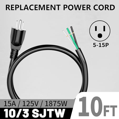 Image of Vockjour 10 ft 10 /3 Appliance and Power Tool Cord, 10 AWG 3 Prong Black Heavy Duty Replacement Power Cord with Open End, NEMA 5-15P, 125V AC Pigtail, 15A 1875W, ETL Listed