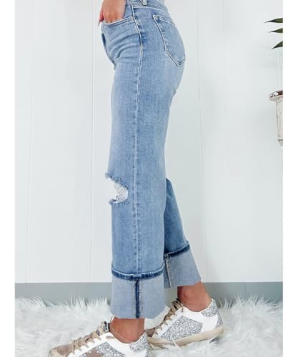 Women's Solid Color High Waisted Ripped Jeans Stretchy Rolled Hem Straight Leg Tall Jeans3