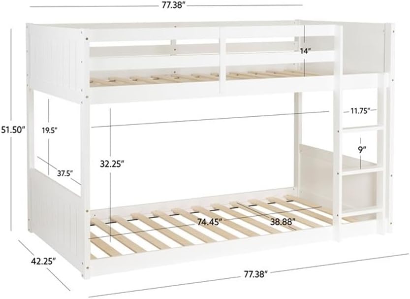 Bowery Hill Solid Rubberwood Twin Bunk Bed, White Low Profile Design, MDF and Poplar Construction, 77.33"L x 42.25"D x 51.5"H, Space-Saving Kids or Guest Bedroom Furniture with 290 lb Weight Capacity
