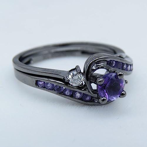 Dazzlingrock Collection Round Amethyst And White Diamond Swirl Bypass Wedding Ring Set for Women in Black Plated 10K Solid White Gold4