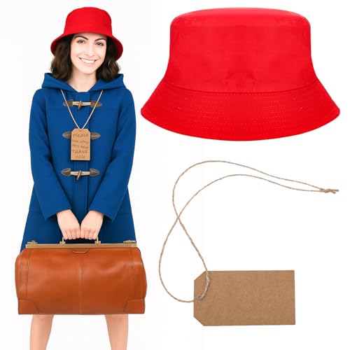 Mepase 2 Pcs Dr Themed Cosplay Costume Accessories 1 Red Bucket Hat 1 Kraft Paper Label with Hemp Rope for Women Men Cosplay