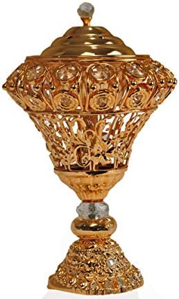 INTENSE OUD Lantern Style Antique Closed Metal Incense Burner I Ideal for Aromatherapy I Office & Home Decor I Arabia Bakhoor/Oudh/Oud Burner (Mabkhara) I Metal Tray Inside 10 inch Tall I Gold I