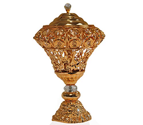 Intense Oud Lantern Style Antique Closed Metal Incense Burner I Ideal For Aromatherapy I Office & Home Decor I Arabia Bakhoor/Oudh/Oud Burner (Mabkhara) I Metal Tray Inside 10 Inch Tall I Gold I #TOP20