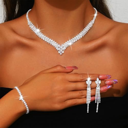Sixexey Rhinestone Wedding Jewelry Set Silver Bridal Necklace Earrings Party Prom Costume Jewelry Accessories for Women3