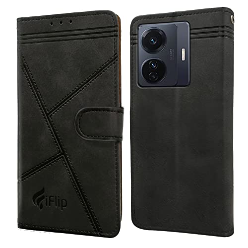 Image of Jkobi Flip Cover Case for Vivo iQOO Z6 Pro (Professional Line Pattern| Magnetic Closure | Inner TPU | Inbuilt Stand & Pockets | Office Wallet Style Flip Cover |Black)