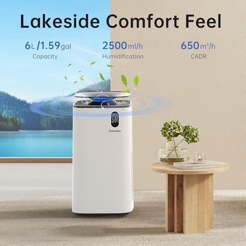 Image of Humidifier and Air Purifier In One with Wheels for Bedroom, 6L Top Fill Evaporative No-White-Mist for Whole Home, Large Room Humidifier with Removable Tank & Dimmable Light, Easy Clean