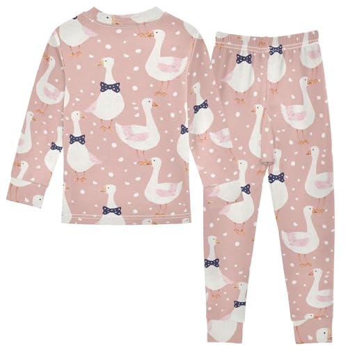 Fustylead Geese with Bow Tie and Dots on Pink Background 2-Piece Cotton Pajama Set, Long Sleeve Top and Matching Bottom2