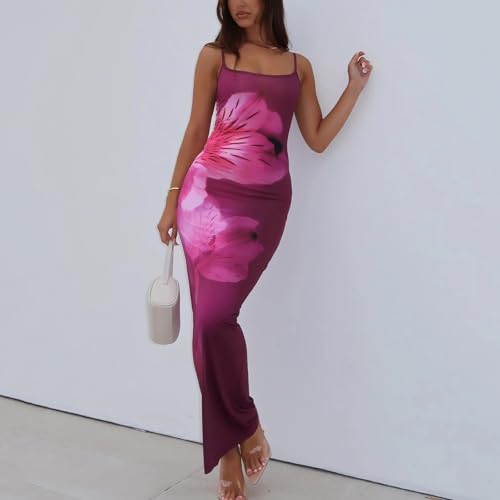 Image of Womens Summer Casual Floral Dresses Spaghetti Strap Bodycon Maxi Beach Dress Elegant Evening Party Long Dresses